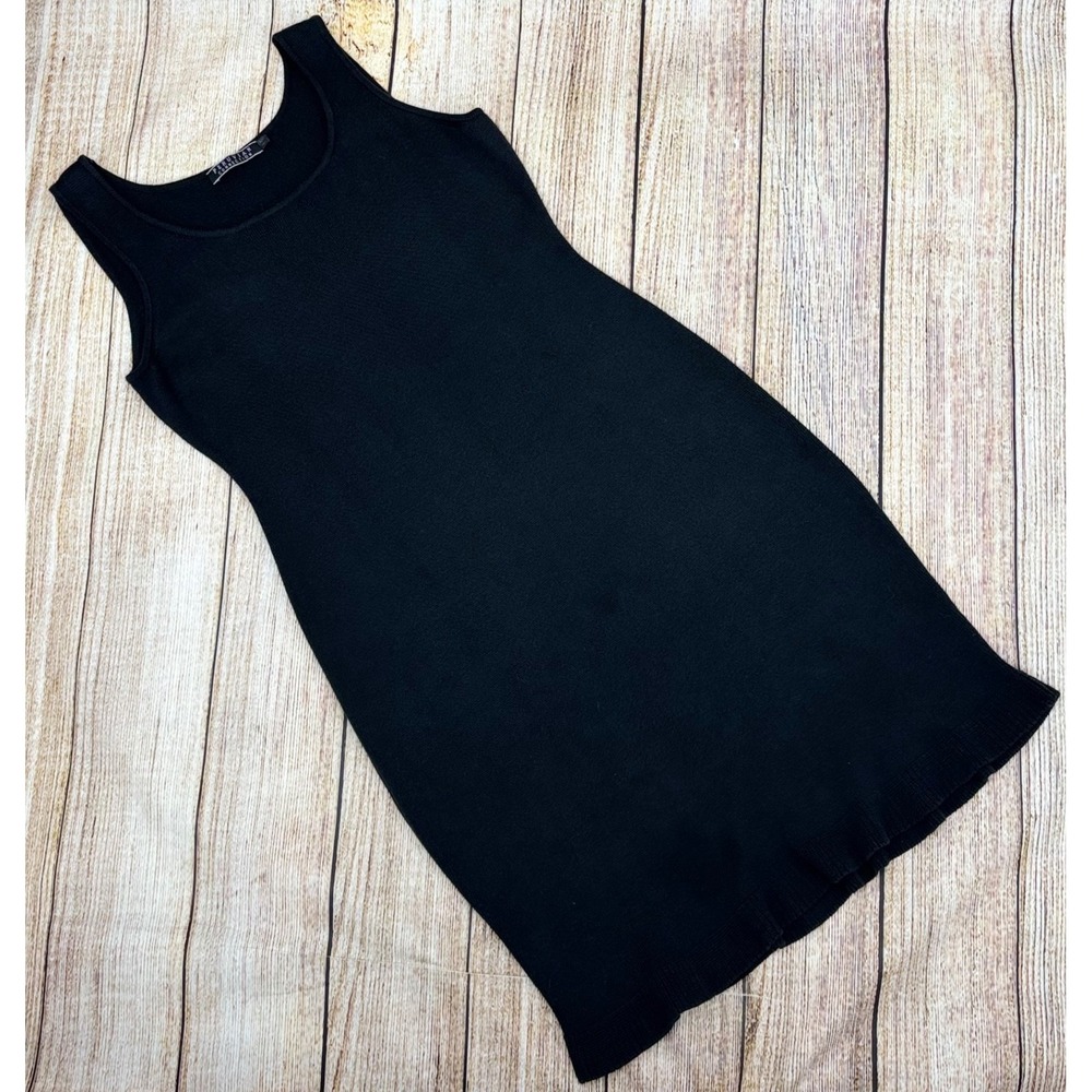 Peruvian Connection Tank Knit Sweater Dress MP Black Sleeveless Midi Flutter Hem